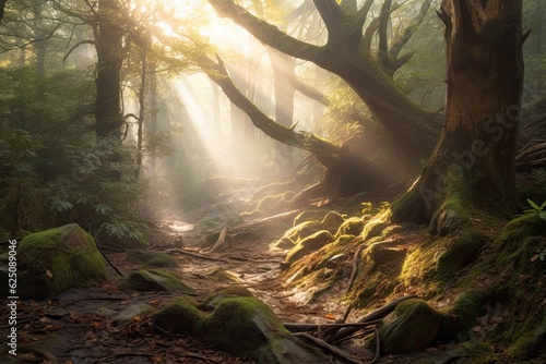 Misty Forest  Ethereal Serenity with Dreamy Background and Soft Sunlight  generative AI