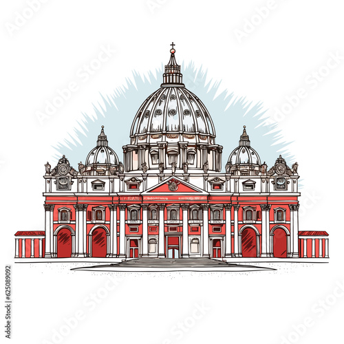 Basilica of Saint Peter hand-drawn comic illustration. Saint Peter's Basilica. Vector doodle style cartoon illustration