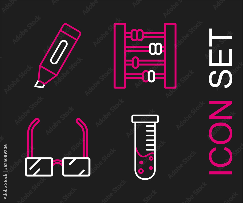 Set line Test tube and flask chemical laboratory, Glasses, Abacus and Marker pen icon. Vector Set line Test tube and flask chemical laboratory, Glasses, Abacus and Marker pen icon. Vector