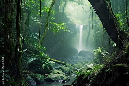 Misty Waterfall in a Lush Forest: Ethereal Background Capturing the Serene Beauty of Nature, generative AI