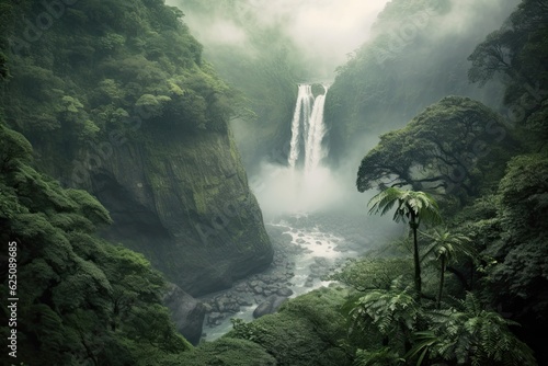 Verdant Greenery and Serene Beauty: A Mesmerizing Misty Waterfall, generative AI
