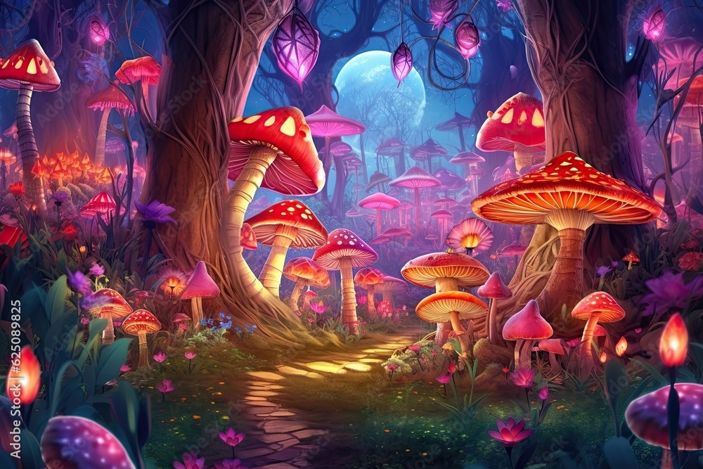 Magical Wonder: Enchanted Forest of Glowing Mushrooms and Whimsical Creatures, generative AI