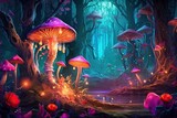 Mystical Wonder: Enchanted Forest with Glowing Mushrooms and Whimsical Creatures - A Magical Background, generative AI