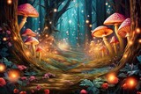 Whimsical Fantasy: Magical Background of an Enchanted Forest with Glowing Mushrooms and Sparkling Fireflies, generative AI