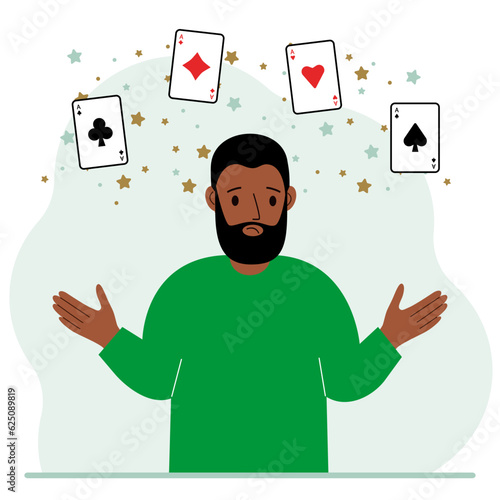 Man holding playing cards cards. Playing combination of 4 aces or four of a kind.