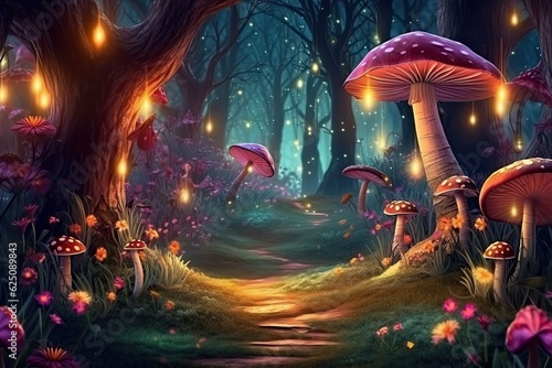 Enchanted Forest  Magical Background with Glowing Mushrooms  Sparkling Fireflies  Whimsical Fairyland  generative AI