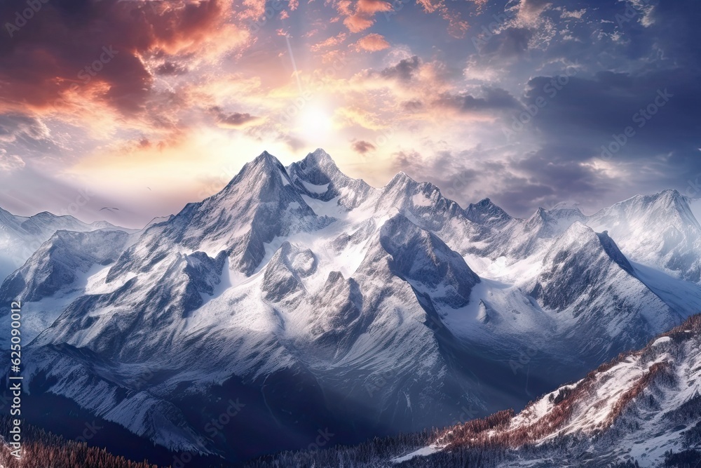 Snow-Capped Peaks and Pristine Alpine Beauty: A Majestic Mountain Range Showcasing Nature's Splendor, generative AI