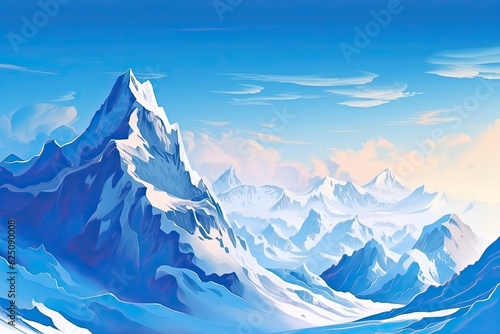 Majestic Peaks: Snow-Capped Mountain Range Amidst a Clear Blue Sky � A Breathtaking Background, generative AI © Michael