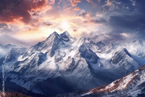 Snow-Capped Peaks and Pristine Alpine Beauty: A Majestic Mountain Range Showcasing Nature's Splendor, generative AI