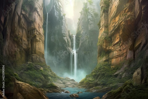 Nature's Grandeur: Majestic Waterfall Amidst Towering Cliffs and Misty Splendor, generative AI