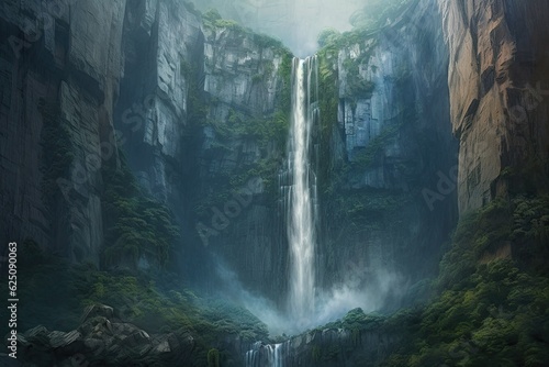 Nature's Grandeur: Majestic Waterfall Framed by Towering Cliffs and Misty Splendor, generative AI