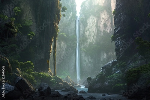 Majestic Waterfall  Unveiling Nature s Majesty in a Deep Gorge  generative AI