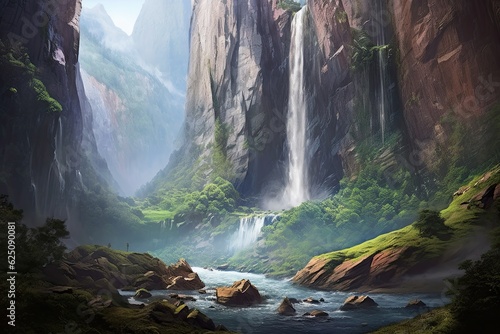 Nature s Grandeur  Majestic Waterfall Encircled by Towering Cliffs and Misty Splendor - A Breathtaking Background  generative AI