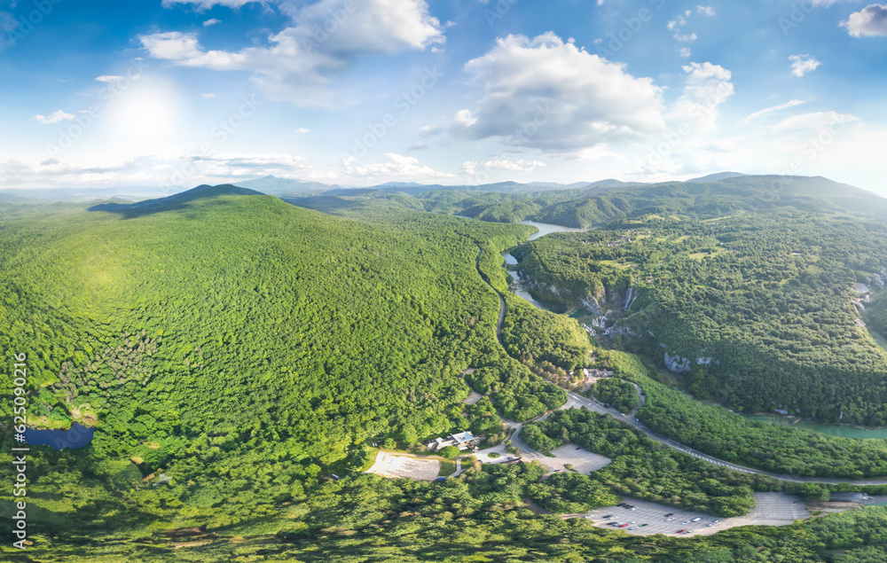 Fototapeta premium Panoramic aerial view of Plitvice Lakes and Forest in Croatia