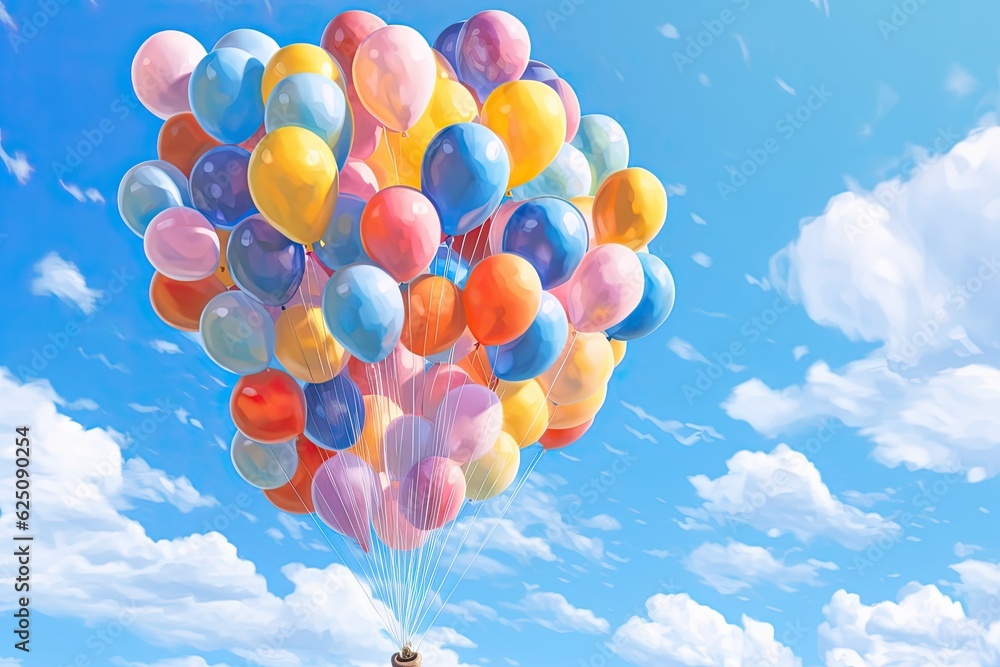 Carefree Joy: Colorful Balloons Float in Playful Background of Blue Sky, generative AI
