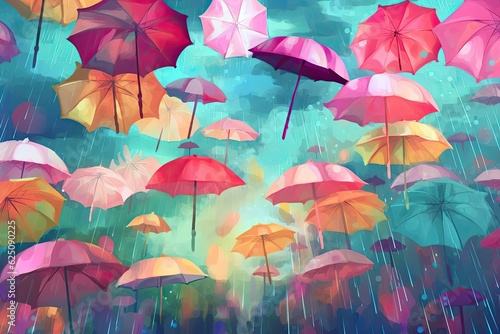Colorful Umbrellas and Carefree Splashes  Playful Background of Floating in Rainy Weather  generative AI
