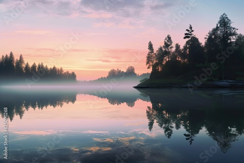 Tranquil Reflections: Serene lake at Dawn inspires calmness with peaceful waters, nature's tranquility, generative AI © Michael