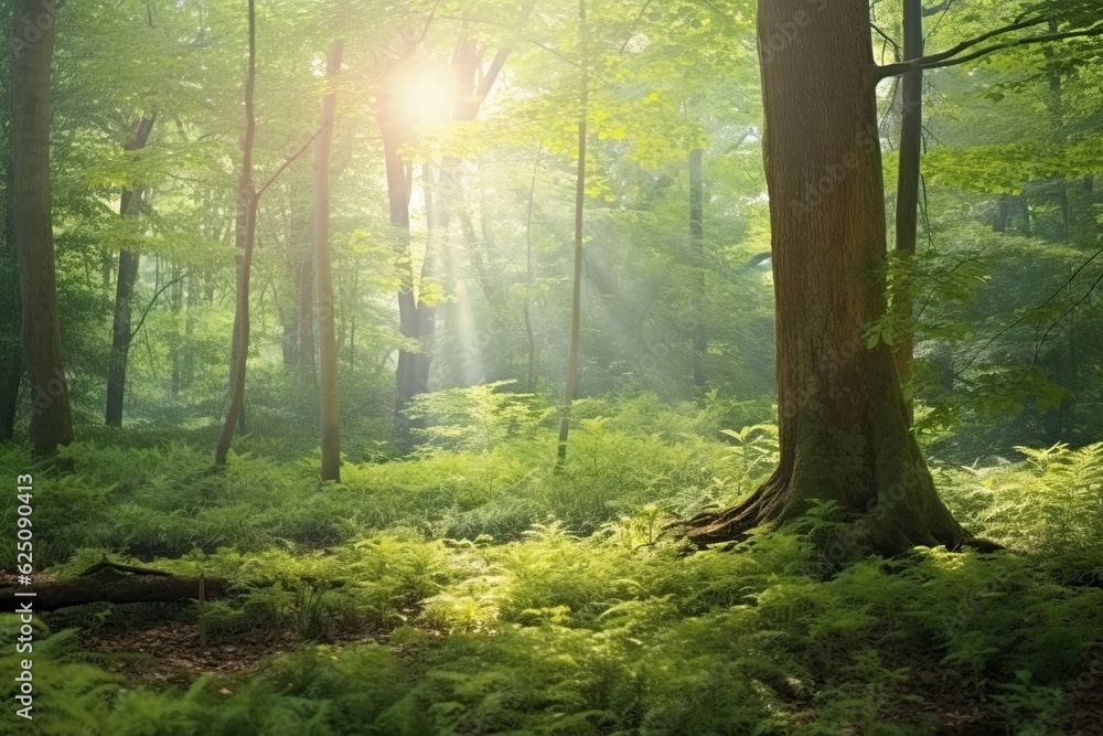 Obraz premium Nature's Tranquility: Serene Forest Clearing with Soft Sunlight and Peaceful Ambience, generative AI