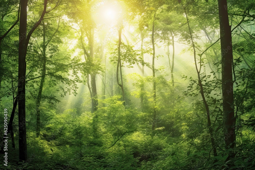 Obraz premium Nature's Tranquility: Serene Forest Clearing with Soft Sunlight and Peaceful Ambience - A Soothing Background for Relaxation, generative AI