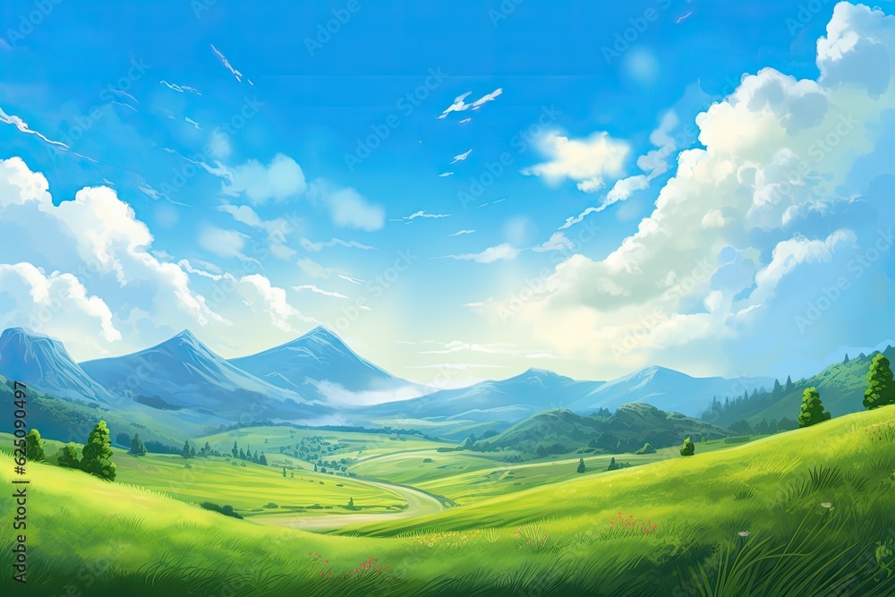 Obraz premium Tranquil Mountain Landscape: Serene Background with Rolling Hills and Clear Blue Sky for Serenity in Nature, generative AI