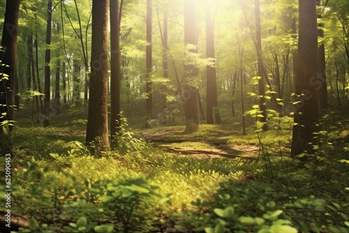 Nature's Tranquility: Serene Forest Clearing with Soft Sunlight and Peaceful Ambience, generative AI