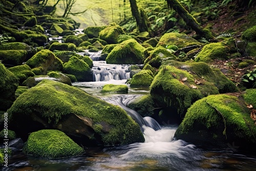 Tranquil Mountain Stream: Serene Background with Mossy Rocks and Babbling Water for a Serenity in Nature's Embrace, generative AI