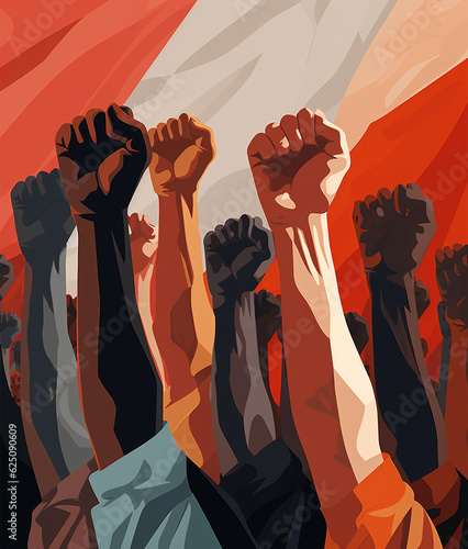 Crowd of protesters with raised hands, graphic illustration style photo