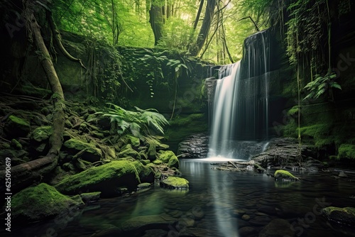 Tranquil Waterfall in a Serene Forest: A Serene Background of Serenity in Motion, generative AI