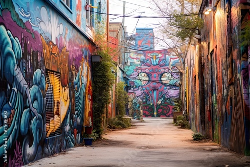 Vibrant Murals and Colorful Graffiti: Exploring an Urban Background with Street Performers and Urban Artistry, generative AI