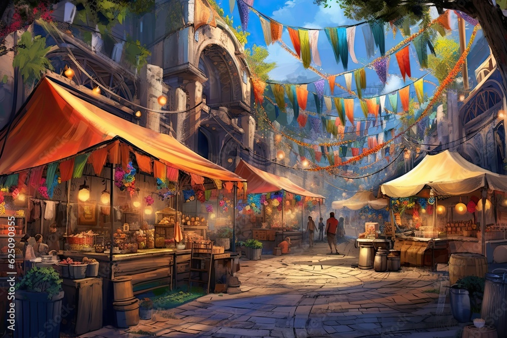 Fototapeta premium Vibrant Wares and Engaging Performers: A Colorful Urban Street Market Displaying Cultural Fusion, generative AI