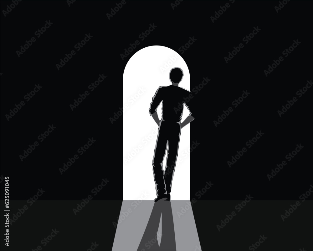 Obraz premium cartoon illustration vector design of a man in all black standing leaning against a door or hallway with a dark, dark room with little light at the door