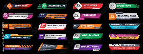 News bar lower third header, tv headline. Vector video titles, television information lines. Vector illustration set 20 in 1