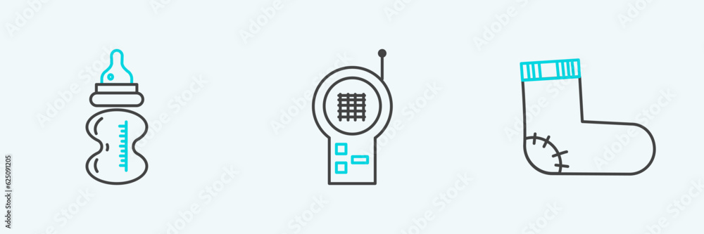 Set line Baby socks clothes, bottle and Monitor Walkie Talkie icon. Vector Set line Baby socks clothes, bottle and Monitor Walkie Talkie icon. Vector