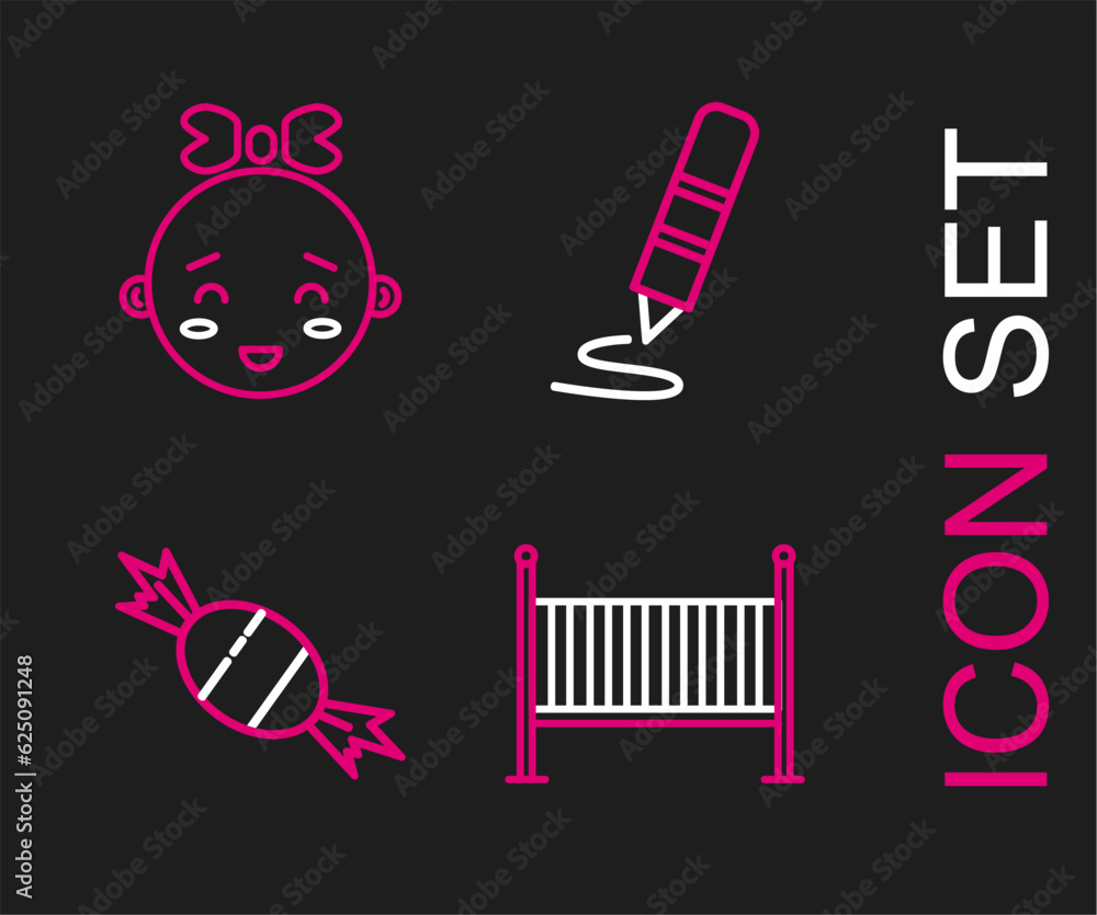 Set line Baby crib cradle bed, Candy, Wax crayon for drawing and Happy little girl head icon. Vector
