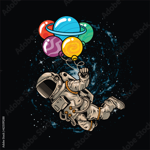 astronaut holding ballons planet in space