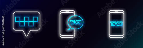 Set line Taxi call telephone service, Map pointer with taxi and icon. Glowing neon. Vector