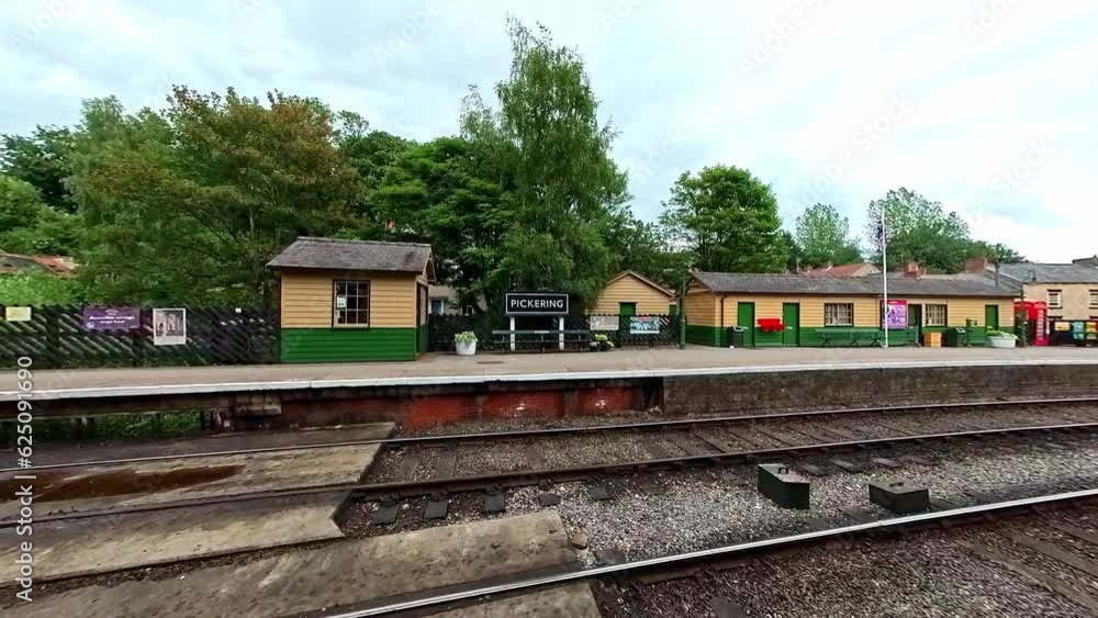 Pickering, North Yorkshire, UK – June 28 2023. The traditional railway station and platform in the town of Pickering, North Yorkshire Pickering, North Yorkshire, UK – June 28 2023. The traditional railway station and platform in the town of Pickering, North Yorkshire