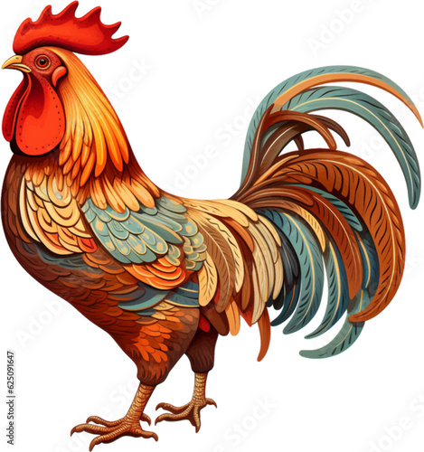 orange and brown rooster, in the style of colored cartoon style, white background