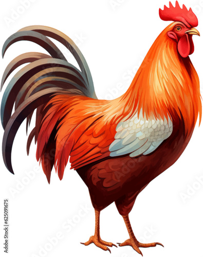 orange and brown rooster, in the style of colored cartoon style, white background