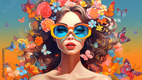 hand drawn cartoon beautiful illustration of woman wearing sunglasses among flowers 
