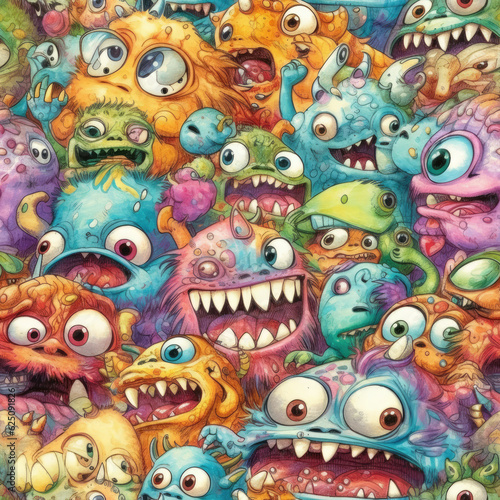 seamless pattern of stacked assorted colorful realistic small cute face monsters © AstraNova