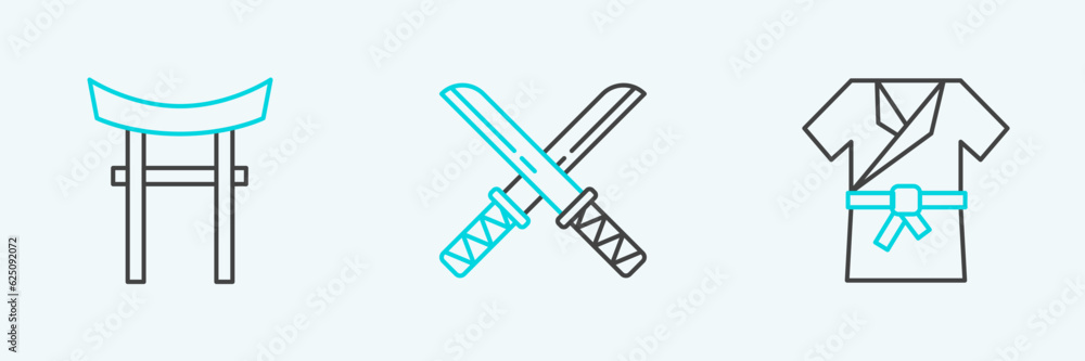 Set line Japanese costume Kimono, Gate and Traditional katana icon. Vector Set line Japanese costume Kimono, Gate and Traditional katana icon. Vector