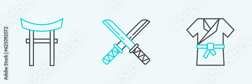 Set line Japanese costume Kimono, Gate and Traditional katana icon. Vector