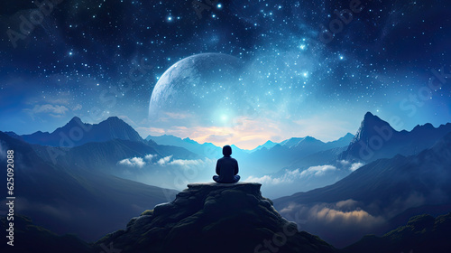 person silhouette sitting on the top of the mountain meditating or contemplating the starry night with Milky Way and Moon background yoga and meditation silhouette dreamy background