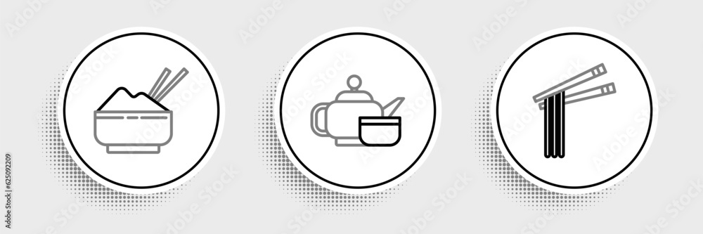 Set line Asian noodles and chopsticks, Rice in bowl with and Japanese tea ceremony icon. Vector Set line Asian noodles and chopsticks, Rice in bowl with and Japanese tea ceremony icon. Vector