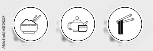 Set line Asian noodles and chopsticks, Rice in bowl with and Japanese tea ceremony icon. Vector