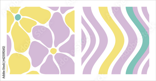 Curve Matisse Aesthetic Pattern Set. Abstract Groovy Flowers and Wavy Swirl in Hippie 1970 style. Naive Vector Illustration in Pastel Palette. Backgrounds for T-Shirts, Wallpaper, Case Phone.