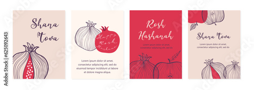 Rosh Hashana,Jewish holiday, greeting cards with traditional greeting in Hebrew. Translation - sweet and happy new year. Pomegranate, apple, Jewish horn and flowers. simple line vector illustration