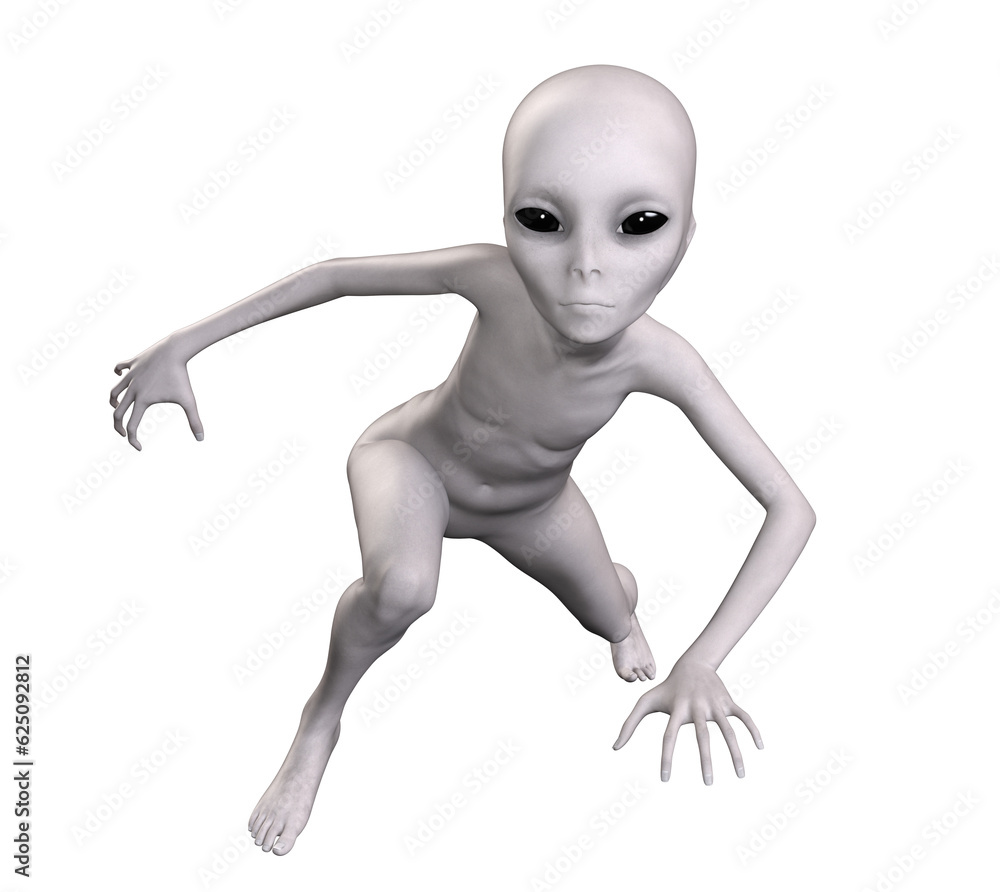 Grey alien on transparent background, 3d render Grey alien on transparent background, 3d render