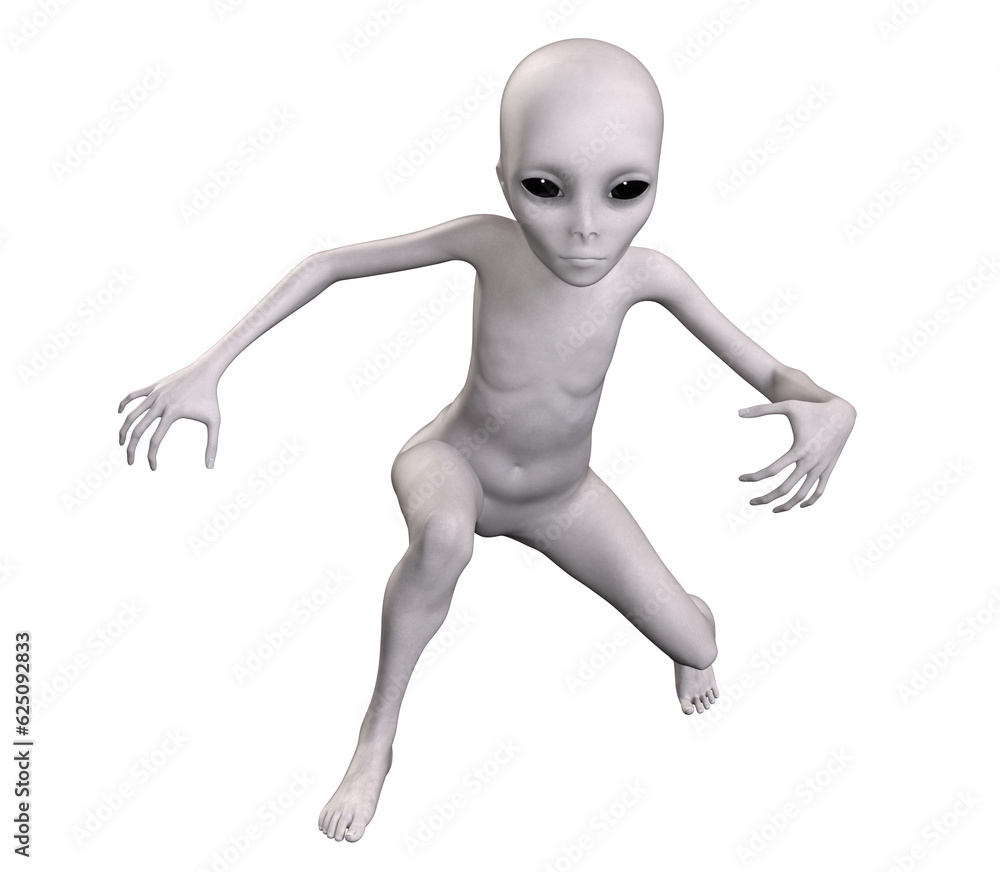 Grey alien on transparent background, 3d render Grey alien on transparent background, 3d render